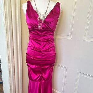Fuchsia Satin Ruched V-Neck Evening Dress - size 2